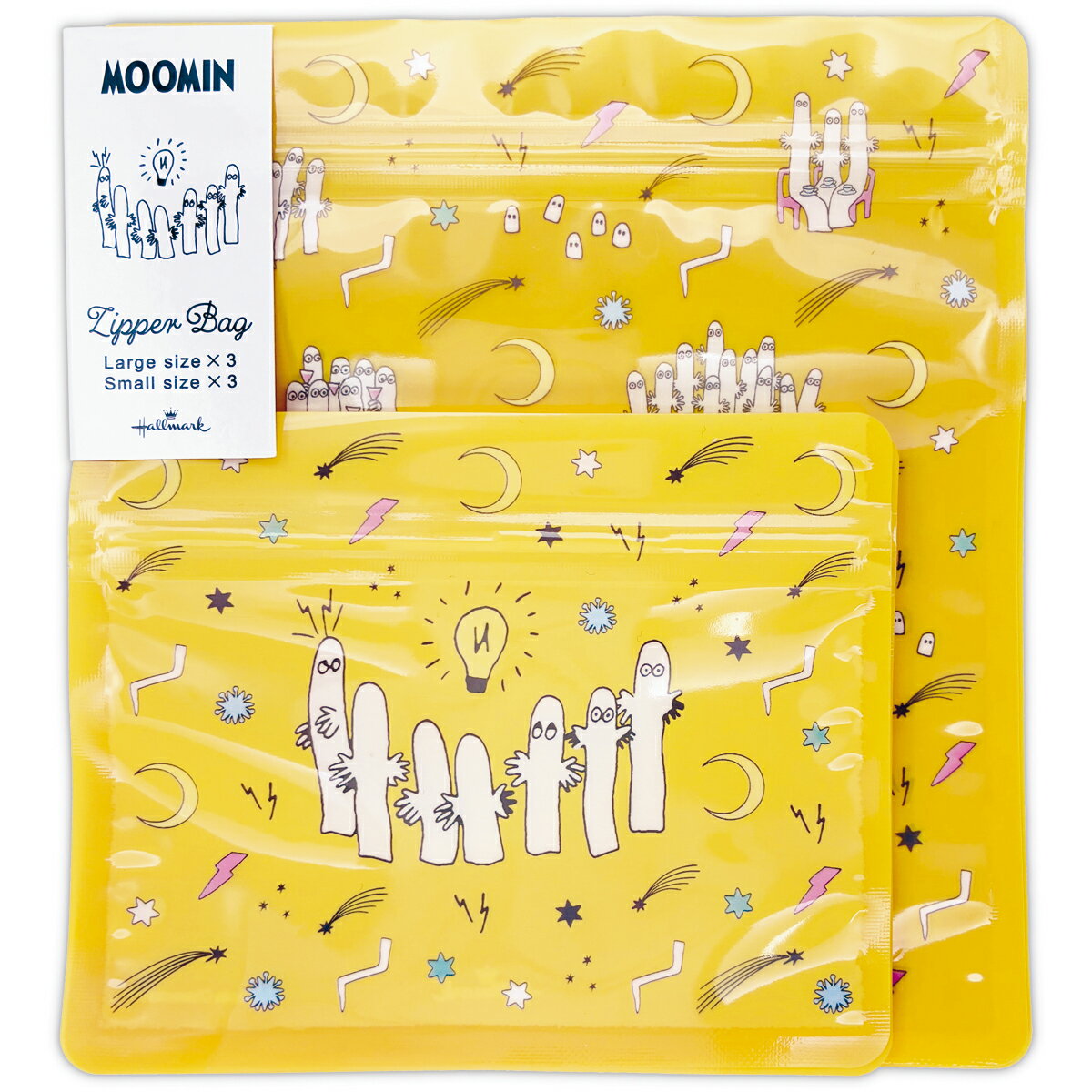 ムーミン Moomin valley’s day イエロー ニョロニョロ ジッパーバッグ｜大1柄3枚 小1柄3枚