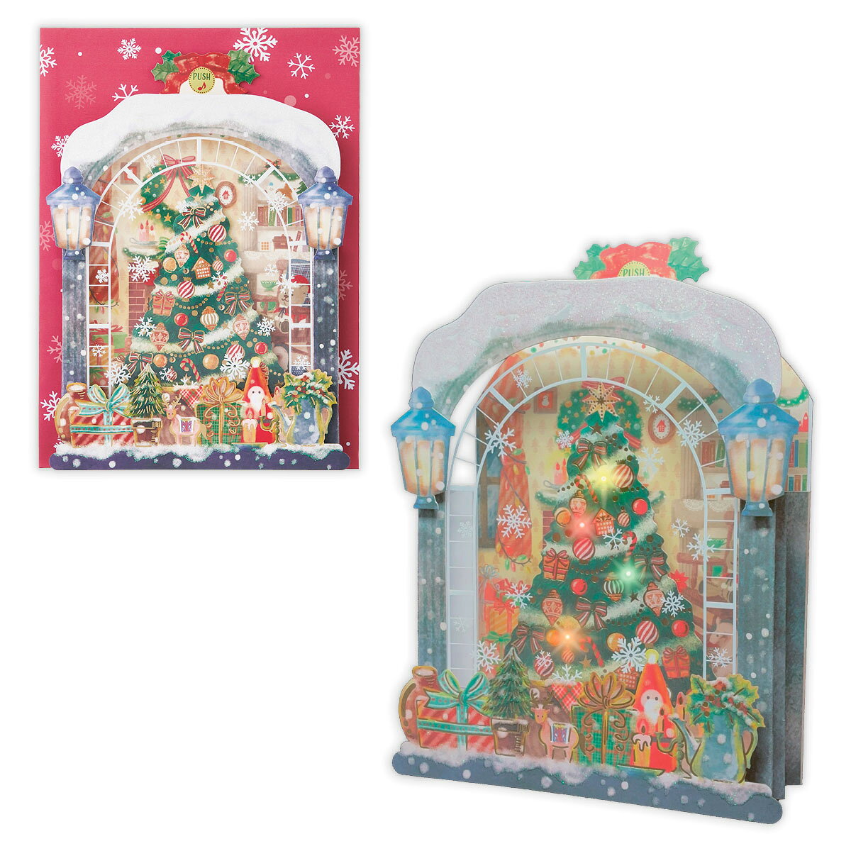 窓の向こう、灯りと音のクリスマス 窓越しにのぞく、心温まるクリスマスのひとときを表現した立てて飾れるサウンド入りカード。雪降る夜の外と、灯りのともる部屋のコントラストが印象的な立体デザインです。音楽に合わせて4色のライトが光ります。 ●カード：208×152mm●封筒：220×160mm●ラメ加工●箔加工●レーザーカット●APET素材●定形外●立てて飾れます●曲名♪クリスマスに聴きたい20曲入り