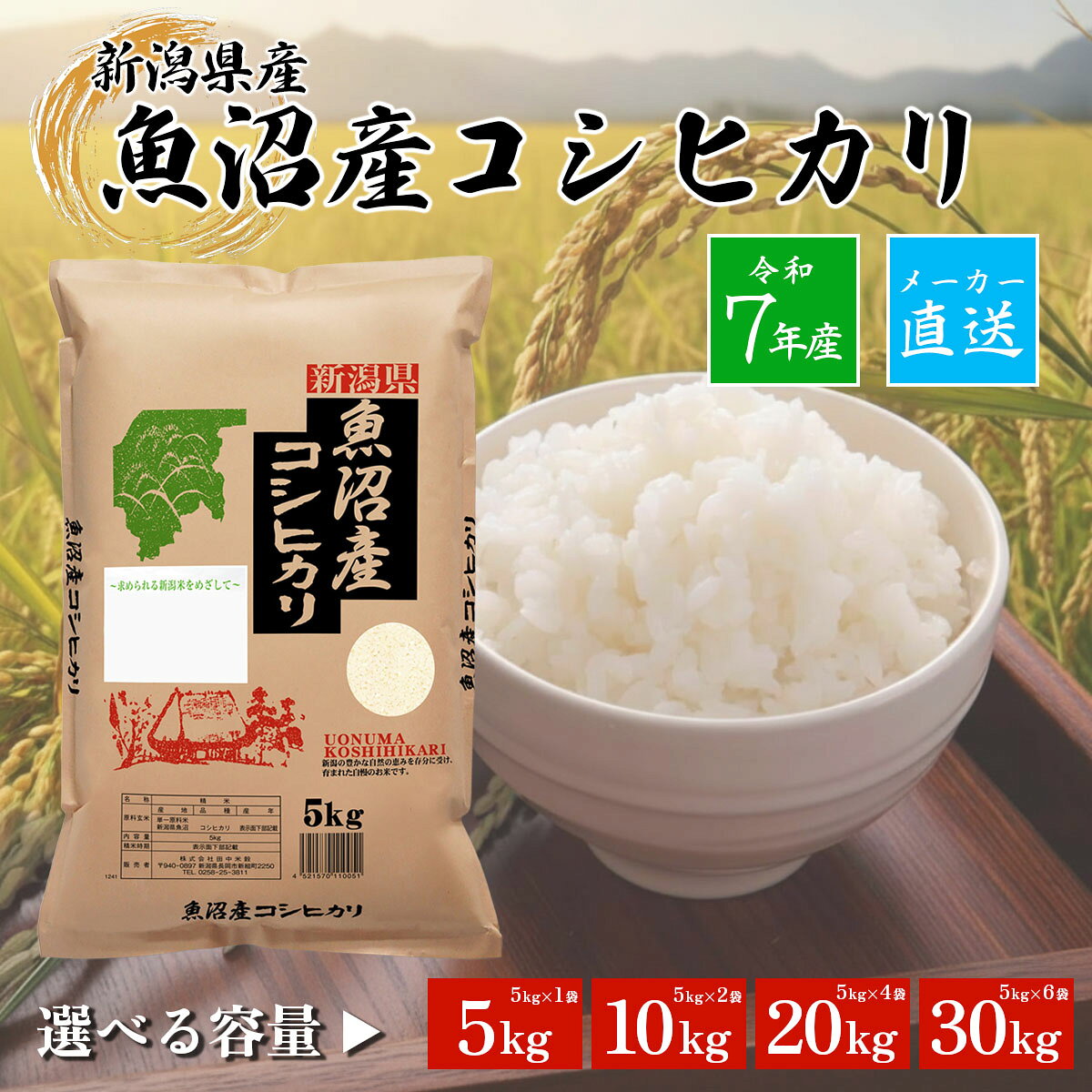 メーカー直送 容量選べる 令和7年産 新潟 魚沼 コシヒカリ 精米 5kg 10kg 20kg 30kg 単一米 銘柄 ブランド ごはん 白米 新潟 【送料無料※一部地域は除く】komeselect