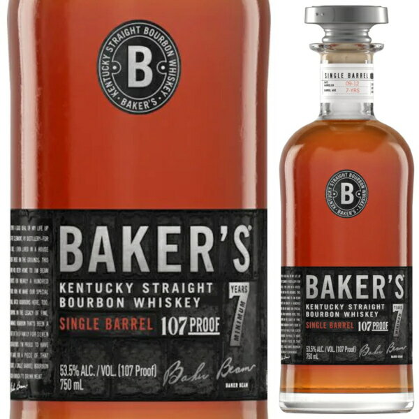 ●BAKER'S(ベイカーズ) 4代目マスターディスティラー ジェイムズ・ベイカー・ビームが考案したレシピをもとにつくられたスモールバッチ・バーボン。コクとともに心地よい苦みで甘く芳しい口中香、長くつづくスムーズな余韻が特長。代々受け継がれてきた高品質の酵母を使用し、7年の熟成期間を経たバランスの良い味わい。ビーム家の200年を超えるバーボンづくりのノウハウを結集したクラフトバーボンです。 ●テイスティングノート 色：濃い琥珀色 香り：バニラ・キャラメル 味わい：焙ったナッツ・ウッディ フィニッシュ：スムーズな余韻が長くつづく ------------------------------------------------- 商品名　BAKER'S(ベイカーズ) 生産国　アメリカ合衆国 生産地域　ケンタッキー州 生産者　ジムビーム蒸溜所 アルコール度数　53％ 原材料　グレーン、モルト タイプ　ウイスキー/スモールバッチバーボンウイスキー 容量　750ml 箱　なし ------------------------------------------------- 関連キーワード：ウイスキー whisky アメリカ ケンタッキー バーボン 誕生日 記念日 お中元 御中元 お歳暮 御歳暮 お年賀 お正月 年越し 年末年始 クリスマス プレゼント バレンタイン ホワイトデー プチギフト お礼 内祝い 出産祝い 母の日 父の日 敬老の日 結婚祝い お返し 還暦祝い 古希祝い 引越し祝い 新築祝い 就職 昇進 退職 定年退職 記念品 ※画像はイメージです。ラベル変更などでデザインが変更される場合が御座います。 ※画像のヴィンテージと異なる場合が御座いますのでヴィンテージにつきましては商品名をご確認お願い致します。 ※商品名にヴィンテージの記載が無い場合は最新のヴィンテージおよびノンヴィンテージの商品のお届けとなります。 ※瓶内に酒石、澱などの沈殿物が見られることがありますが、これはワインの葡萄由来の成分ですので、安心してお召し上がりください。