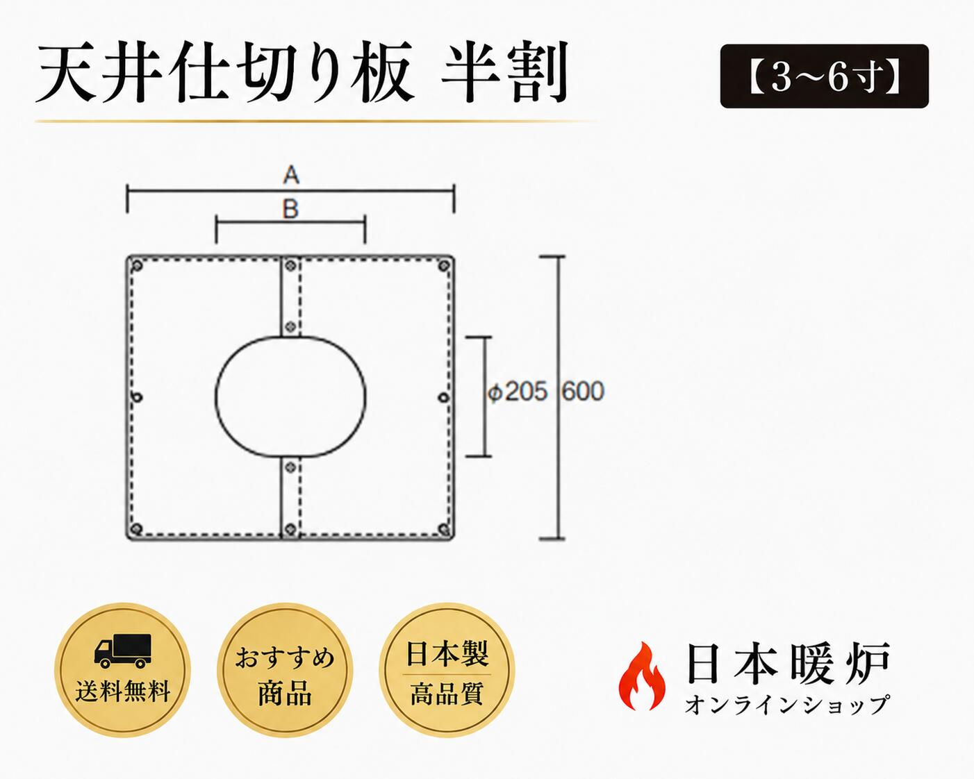 薪ストーブ　断熱二重煙突用　天井仕切り板 半割【3～6寸】外径200mm煙突用