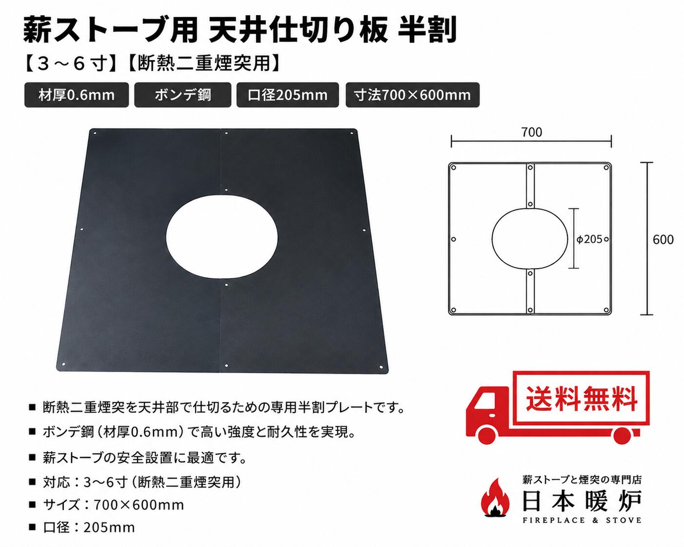 薪ストーブ　断熱二重煙突用　天井仕切り板 半割【3～6寸】外径200mm煙突用　口径205mm　日本製　送料無料　耐熱黒塗装