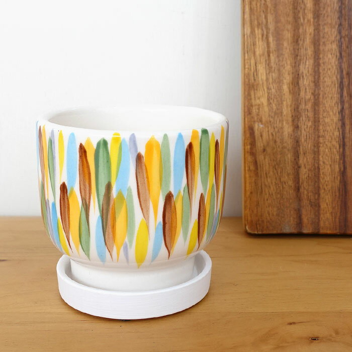 資 植木鉢 NA027-100 ML ホワイト＆カラフルブラシ 陶器 鉢 和風 インテリア 多肉植物 おしゃれ コーデ..