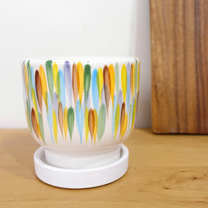資 植木鉢 NA027-120 ML ホワイト＆カラフルブラシ 陶器 鉢 和風 インテリア 多肉植物 おしゃれ コーデ..