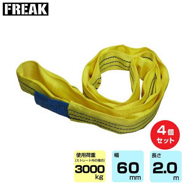 【まとめ買い】4個セット FREAK CEラウンドスリングN型 使用荷重3000kg 幅60mm 長さ2m (65611) | フリーク トラック 吊具 4本 スリングベルト 建設現場 重機ベルト クレーン バンド 玉掛け 荷役 吊り上げ 持ち上げ ベルトスリング 運搬ベルト 工事用品 ナイロンスリング |