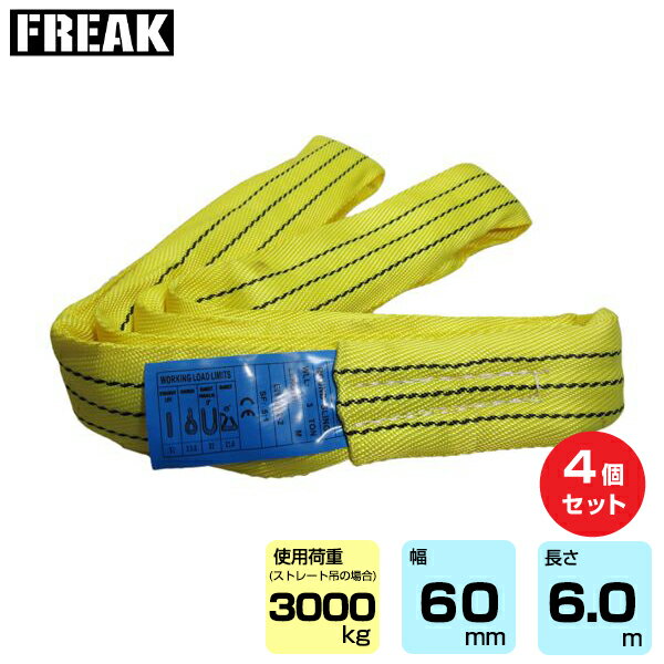 【まとめ買い】4個セット FREAK CEラウンドスリングN型 使用荷重3000kg 幅60mm 長さ6m (65636) | フリーク トラック 吊具 4本 スリングベルト 建設現場 重機ベルト クレーン バンド 玉掛け 荷役 吊り上げ 持ち上げ ベルトスリング 運搬ベルト 工事用品 ナイロンスリング |