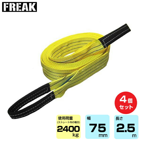 【まとめ買い】4個セット FREAK CEベルトスリングE型 使用荷重2400kg 幅75mm 長さ2.5m (65739) | フリーク トラック 吊具 4本 スリングベルト 建設現場 重機ベルト クレーン バンド 玉掛け 荷役 吊り上げ 持ち上げ ベルトスリング 運搬ベルト 工事用品 ナイロンスリング |