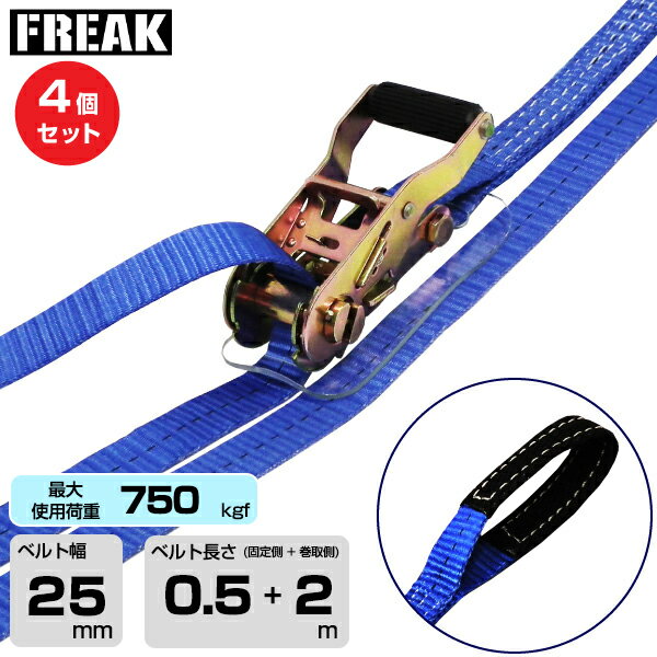 【まとめ買い】4個セット FREAK ラッシングベルト青 アイ750kgf 幅25mm×長さ0.5+2m...