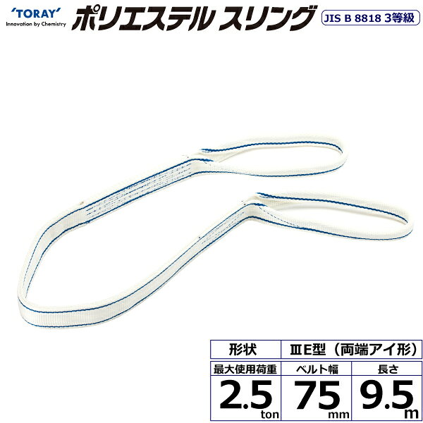 東レインターナショナル ポリエステルスリング PET3E 両端アイ形 2.5ton 幅75mm 長さ9.5m (40842)| トラック 吊具 スリングベルト 荷吊りベルト ロープ 運搬 バンド 玉掛け 荷役 吊り上げ 持ち上げ ベルトスリング 運搬ベルト 工事 工具 林業 道具 ナイロンスリング |