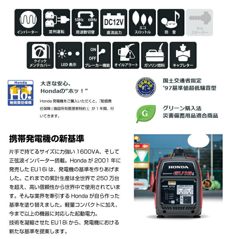 �ڼ־��Ϥ��ۥۥ�� HONDA ������ ����С�����ȯ�ŵ� (��ʽ���1.8kVA) EU18i (����:21.1kg) | ������Ÿ� ���Ŵ� �ҳ��к� ���� AC�Ÿ� ������ȯ�ŵ� ���� �Ų� ������ �����ȥɥ� ����� �Хåƥ꡼ ȯ�ŵ� �Ͽ� �ɺ����� |