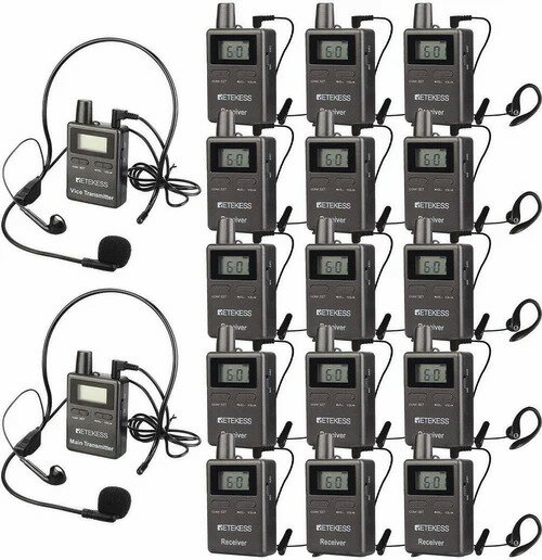 【SS期間中 P2倍】Retekess ツアーガイドシステム TT105 (双方向送信機×2台＆受信機×15台セット) | ツアーガイド FMランスミッター レテケス 小型 コンパクト 案内 誘導用 現地ツアー マイク付 携帯便利 防災用 アウトドア 観光ガイド |