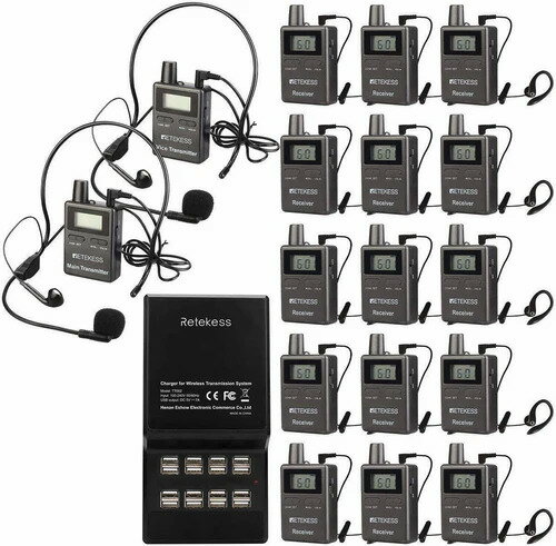 Retekess ツアーガイドシステム TT105 (双方向送信機×2台＆受信機×15台セット＋USB充電ベース付き) | ツアーガイド FMランスミッター レテケス 小型 コンパクト 案内 誘導用 現地ツアー マイク付 携帯便利 防災用 アウトドア 観光ガイド |