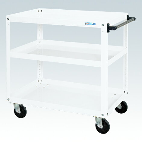 ※イラストはイメージです。 自動車整備工場、製造・工場ライン、研究室・ラボ、建築・建設現場、医療機関（手術室等）、物流・倉庫業、美容・理容室、DIY工房・個人ガレージなど様々な場所で使用されています。まとめ買いをご検討はお気軽にご相談ください！※返品について【メーカー】サカエオリジナルブランド【特長】「突き合わせ方式」により、ぐらつきが無く非常に堅牢です。【仕様】●外寸 間口（W）[mm]：900●外寸 奥行（D）[mm]：600●外寸 高さ（H）[mm]：880●均等耐荷重[kg]：200●本体カラー：ホワイト●棚板段数[段]：3●引出し：なし●キャスター：ゴム車●キャスター詳細：ゴム車　100Φ　自在（ストッパー付2個、無2個）●天板種類：なし●天板カラー：なし●天板高さ（H）[mm]：なし●質量[kg]：23●支柱突き合わせ方式、棚板は皿型・フラット型変更可能●中棚：50mmピッチで段替え可能●オプションフロアストッパーもございます。●G購入法：○●お届け時の商品状態：お客様組み立て【検索用ワード】 工具 収納 ガレージ 整理 工場 効率化 作業スペース 確保 移動式 ラック 金属製 シェルフ 収納ワゴン メンテナンス用作業台 工具 散らかる 作業台 収納 整備道具入れ 業務用