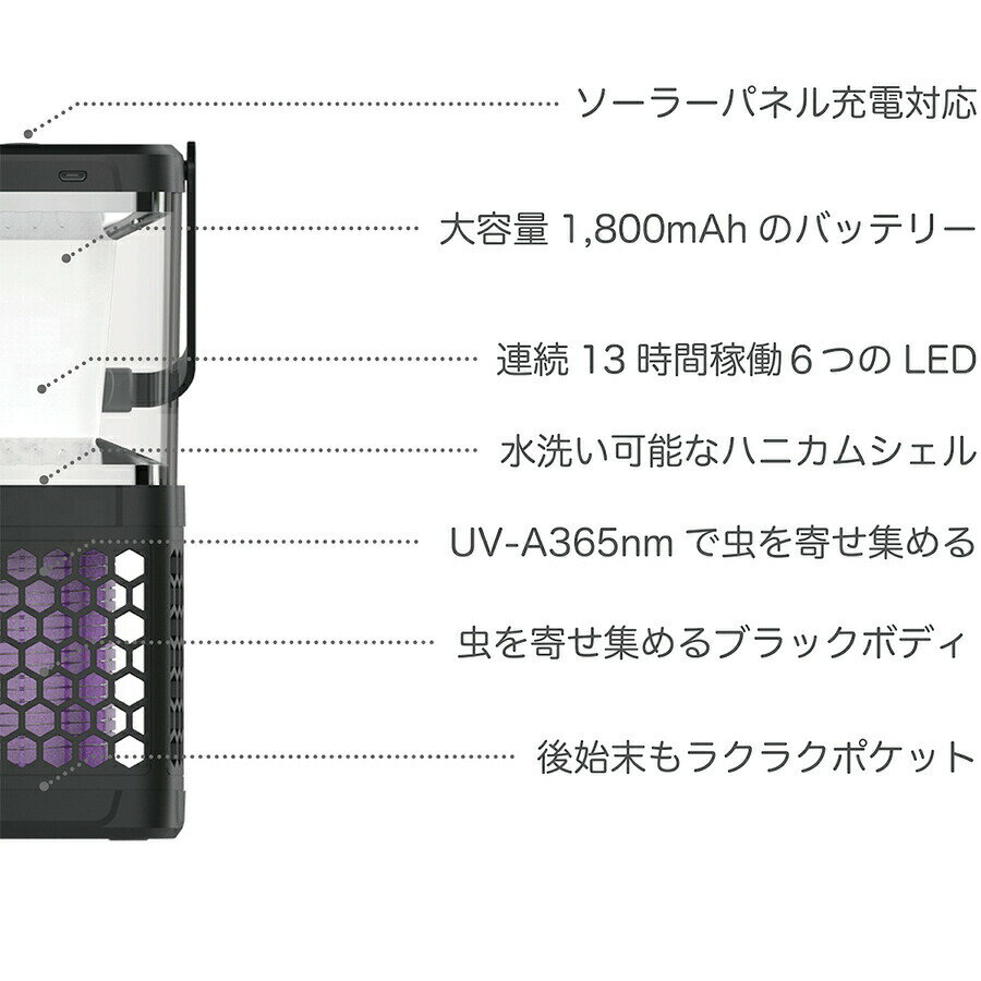 モスキーターZ MOS-001 電撃殺虫器 捕虫器 虫 害虫 庭 ベランダ 蚊取り器 電撃殺虫機 ポーチ 軒先 屋内 屋外 カーテンレール ソーラー充電 緊急時 停電時 高電圧 ハニカムシェル コンセント不要 ソーラー発電 ソーラー式 光充電 ペットOK 3