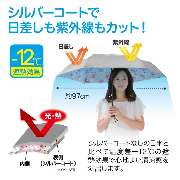 −12℃ 晴雨兼用 折りたたみシルバーコート日傘（花柄）女性 レディース 専用袋付き UVカット率97％ 遮光率98％ 紫外線対策 遮熱 日傘 雨傘 折りたたみ傘 旅行 お出かけ スポーツ観戦 持ち運び 可愛い 大型 折り畳み 折り畳み傘 折りたたみ