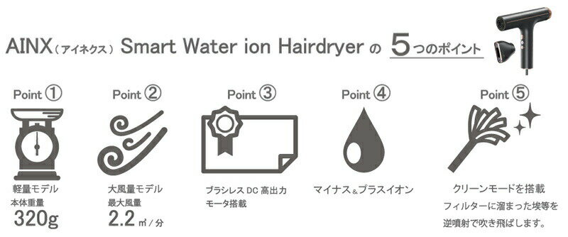 スマートイオン ウォーターヘアードライヤー AX-HD1 ブラシレスモーター 搭載 ハイパワー 大風量 静音 低騒音 軽量 スマートウォーター イオンヘアドライヤー 風量ドライヤー 逆噴射 清掃 きれい フィルター 掃除 ウォーターイオンドライヤー [月/入荷]