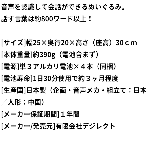ラッピング無料サービス しゃべる ぬいぐるみ 音声認識人形 最新アイテム おしゃべりみーちゃん お話し人形 会話ロボット 4歳の女の子の声 おしゃべりミーちゃん すぐ使える 送料無料 500円クーポン配布中 電池4本付 ギフト しゃべる人形 オリジナル説明ポスター付
