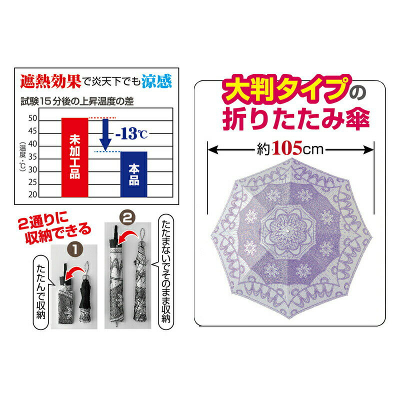 TVで紹介 涼感・遮光率99.99 「日かげ」 105cm 大判傘 折りたたみ日傘 軽量 体感気温−13℃ 日傘 折り畳み傘 大型傘 女性用 レディス 日除け傘 晴雨兼用 遮光傘 1級遮光の涼やか日傘 大きい傘 紫外線対策 日除け 兼用傘 8本骨 折りたたみ日傘 日焼け対策 UV対策 日陰