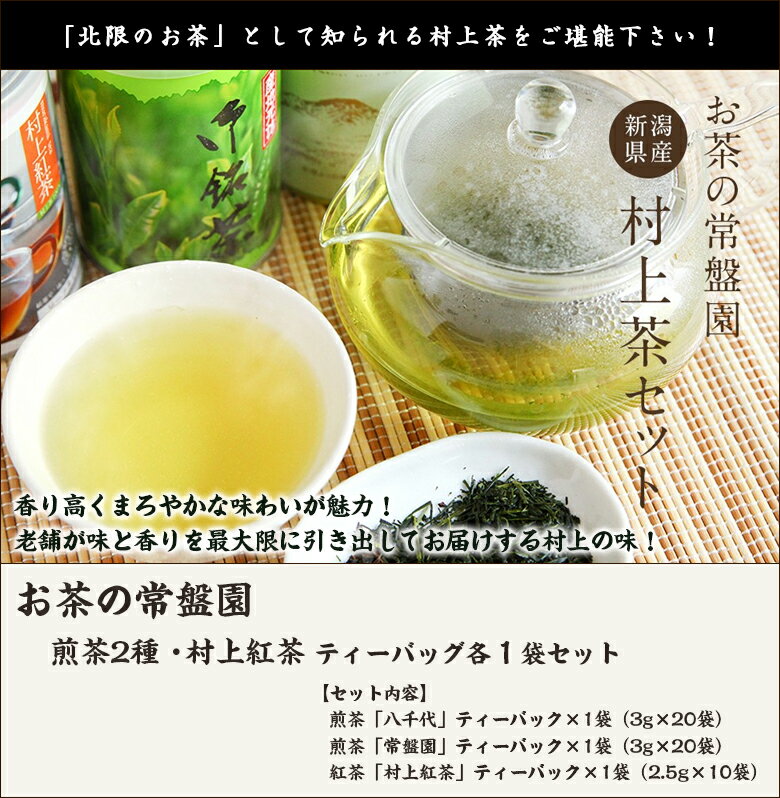 煎茶「八千代」ティーバック×1袋（3g×20袋）・煎茶「常盤園」ティーバック×1袋（3g×20袋）・紅茶「村上紅茶」ティーバック×1袋（2.5g×10袋）お茶の常盤園【お土産/手土産/プレゼント/ギフトに！贈り物】【送料無料】 2