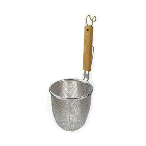 材質：18-8ステンレス・天然木　サイズ/径：φ140mm　深さ：H150mm　柄長：215mm　8メッシュ(開き目：2.6mm）麺200g対応