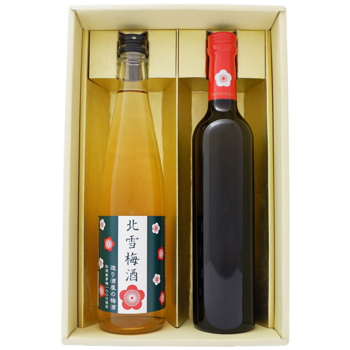 商品情報 ※梅酒 紅菊水 梅は「越の梅」「小坂梅」「藤五郎梅」を使用。いずれの梅も粒ぞろいが良く、果肉が多く、肉質がとても密なのが特長です。、菊水の日本酒へ漬け込むことで、梅の風味がたっぷりとしみ込み、押しのある酸味と芳醇な甘みが程よく調和した逸品に仕上がりました。 【商品名】梅酒 紅菊水 【製造元】菊水酒造 【内容量】500ml 【酒質】リキュール 【アルコール度数】10度 【原材料】清酒・梅・糖類 【産地】新潟県 ※北雪 梅酒 佐渡ヶ島特産の青梅『藤五郎』を、日本酒にじっくりと漬け込みました。コクがお米の旨味とのハーモニーを奏でます心爽やかな梅の香りと、芳醇な梅の味わい持った梅酒です。 【商品名】北雪梅酒 【製造元】北雪酒造 【内容量】500ml 【酒質】リキュール 【アルコール度数】14度 【原材料】自醸酒・佐渡産青梅・氷砂糖 【産地】新潟県 ◎下記の用途で人気です。 お歳暮、お中元、御歳暮、御中元、御年始、お年賀、御年賀、お年始、母の日、父の日、敬老の日、寒中見舞い、クリスマス、成人式、自宅用、バレンタインデー、ホワイトデー、御返し、お返し、お祝い、御祝い、贈答品、プレゼント、ギフト、贈り物、誕生祝い、誕生日、結婚祝い、出産祝い、出産内祝い、内祝い、結婚内祝い、退院祝い、就職祝い、進学祝い、進学内祝い、記念日、記念品、周年祭、歓迎会、送迎会、歓送迎会、忘年会、新年会、粗品、周年、法人、正月、お正月、お礼、御礼、お祝い、御祝、寸志、快気祝い、新築祝い、開店祝い、長寿祝、還暦祝い、還暦、古希、喜寿、傘寿、米寿、卒寿、白寿、百賀、長寿、香典返し、お土産、手土産、プチギフト、お使い物、進物 など 新潟清酒/日本酒/お酒/酒/清酒/地酒/杜氏/越後杜氏/日本酒 飲み比べ/飲み比べセット/日本酒 セット〈セット内容〉・梅酒 紅菊水 （菊水酒造）500ml×1本・北雪梅酒 （北雪酒造）500ml×1本