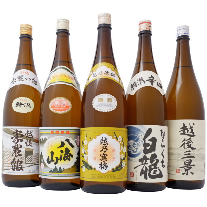 越乃寒梅＆八海山入り新潟辛口清酒セット1800ml×5本 送料無料 越乃寒梅+八海山+白龍辛口+越後三景+豪農の館のサムネイル