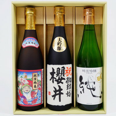 〆張鶴 日本酒 名入れ 日本酒 〆張鶴 純 純米吟醸 越後鶴亀 招福神 純米吟醸と高野酒造 大吟醸酒名前入れ720ml×3本　プレゼントギフトセット 送料無料