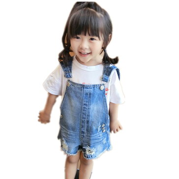 キッズ　子供服　女の子サロペット　ショットパンツ　デニムパンツ　サロペット　ショット丈　 デニム　ダメージ　クラッシュ　ダンス衣装　子供パニエ　キッズ ベビー　 発表会　スカート　脚長効果ありミニ丈