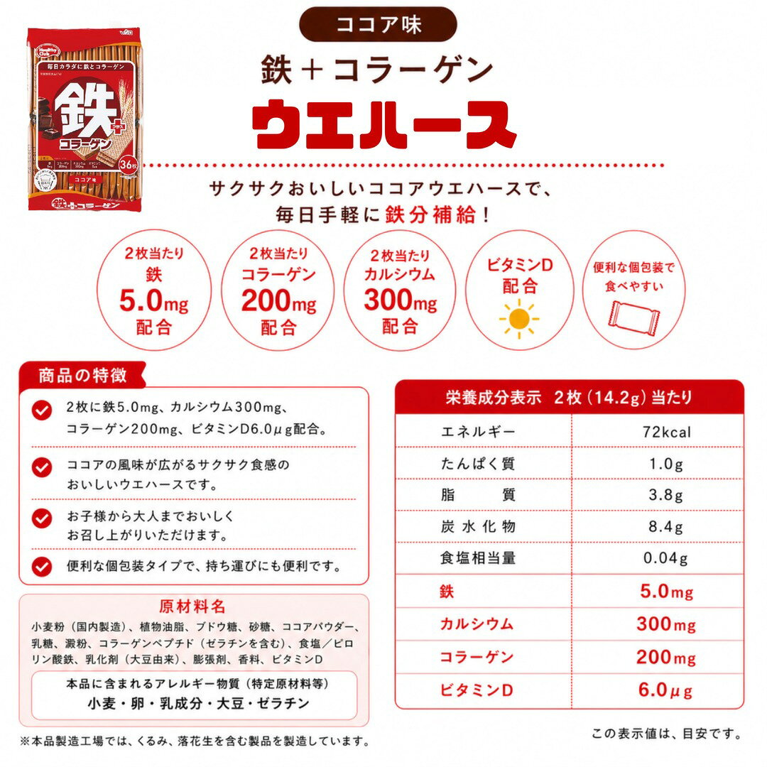 ハマダ 鉄プラスウエハース 36枚 ×10個 個包装 栄養機能食品 カルシウム 鉄分 ビタミンD 健康おやつ お菓子 ココア ハマダコンフェクト 鉄プラスコラーゲン nijiiroegg-10005359 にじいろたまごのお店 サンプル画像2