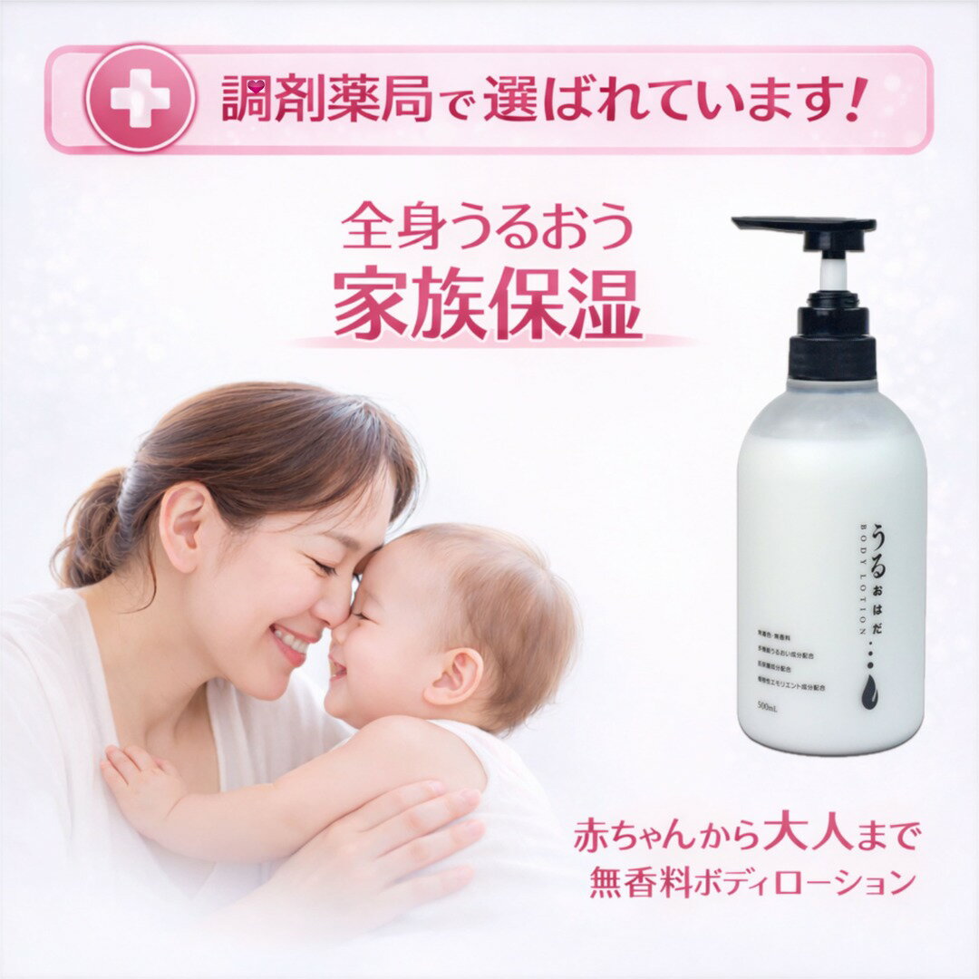 乐天商城 - うるおはだボディローション 500ml 無香料 低刺激 全身保湿 赤ちゃんから大人まで使える 敏感肌 乾燥肌 家族で使える 大容量 ポンプ式 スキンケア 保湿ローション 日本製 無着色 中北薬品