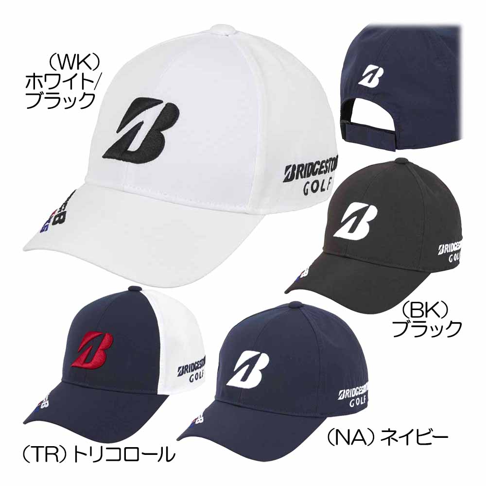 メーカー名 ブリヂストン（BRIDGESTONE_GOLF） 基本仕様 素材ポリエステル100％ 取扱いカラー（WK）ホワイト/ブラック、（BK）ブラック、（NA）ネイビー、（TR）トリコロール 取扱いサイズフリー（約56-59cm）、LL（約60-63cm） 取扱い一覧 カラー サイズ S （WK）ホワイト/ブラック （WK）ホワイト/ブラック S フリー （WK）ホワイト/ブラック （WK）ホワイト/ブラック フリー LL （WK）ホワイト/ブラック （WK）ホワイト/ブラック LL フリー （BK）ブラック （BK）ブラック フリー LL （BK）ブラック （BK）ブラック LL フリー （NA）ネイビー （NA）ネイビー フリー LL （NA）ネイビー （NA）ネイビー LL フリー （TR）トリコロール （TR）トリコロール フリー LL （TR）トリコロール （TR）トリコロール LL フリー （CG）チャコールグレー （CG）チャコールグレー フリー 商品説明 ブランドロゴ刺繍やワッペンがデザインされた、豊富なカラーバリエーションとリーズナブルな価格が魅力のプロモデルキャップ。撥水生地使用しているので急な少しの雨ならそのまま着用が可能です。背面の面ファスナーで手軽にサイズの調節が可能です。同デザインのバイザー(CPG24B)も展開しています。右ツバにTOUR B X/XSロゴ、左サイドにBRIDGESTONE GOLFロゴ、後ろサイドにBマーク。撥水生地使用。中国製。