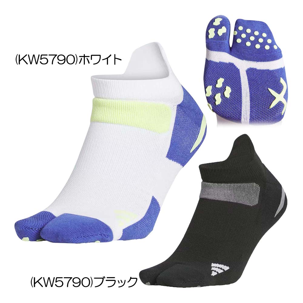 メーカー名アディダス（Adidas） 基本仕様 素材ポリエステル55%、綿40%、ポリウレタン5% 取扱いカラー(KW5790)ホワイト、(KW5790)ブラック 取扱いサイズ25-27cm 取扱い一覧 カラー サイズ 25-27cm (KW5790)ホワイト (KW5790)ホワイト 25-27cm 25-27cm (KW5790)ブラック (KW5790)ブラック 25-27cm 商品説明 安定性とグリップ力を追求した、新感覚の足袋型ローカットソックス。足裏の感覚を引き出す、足袋型ローカットソックス。親指が独立した設計により、地面を捉えやすく、踏み込み時の安定感をサポート。研ぎ澄まされた指先の感覚をつかむことで、スイング中の微妙なバランスも取りやすい仕様。足先からかかとまで配置したシリコングリップが、シューズ内でのズレを抑え、足とシューズの一体感を高める。動きに対してロスの少ないフィットを実現。さらに甲部はメッシュ構造で通気性を確保。長時間のラウンドでもムレにくく快適。足底と甲のクッションパイルが足を包み込み、プレー中の快適性をキープ。一歩の質にこだわった、新感覚の機能ソックス。【詳細】・ローカット。・滑りをおさえるシリコングリップ。・足袋型のつま先。・アディダスロゴ。・メッシュ構造。・クッションパイル。中国製。