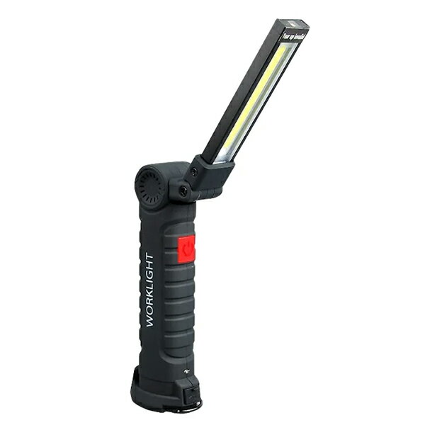 特長 ◆握りやすいグリップと簡単なボタン操作で、使いやすさを重視した充電式ワークライトです。 ◆ライト部分は折りたたみ式で360°可動、必要なときにパッと広げて、しまうときはサッと閉じることができます。 ◆底面はマグネットになっているため、金属面に貼り付けて固定することができます。 ◆底部に吊り下げフックが付いているため、取り出しやすい場所に吊り下げて保管が可能です。 ◆COB(Chip On Board) LED搭載しているため、多重影が出にくく対象物を均一に照らします。 ◆micro USB充電でパソコンから充電ができ、2時間の充電で主灯(Low)で7時間点灯します。 仕様詳細 ・色温度：COB 6500K / 先端LED 5000K ・使用温度：-10℃～40℃ (ただし、氷結しないこと) ・全光束：COB (High) 140 lm / COB (Low) 70 lm / 先端LED 6 lm ・本体材質：アルミ合金＋ABS ・電池：リチウムイオン電池内蔵 Li-ion 800mAh ・入力電圧：5V ・充電時間：2時間 ・調光機能：COB (High / Low) / 先端LED (High / Low) / 警告灯モード 赤色（点灯 / 点滅） ・使用時間：3時間(COB LED High) / 7時間(COB LED Low) / 6時間(先端LED) / 5時間(警告灯モード 点灯) / 6時間(警告灯モード 点滅) ・寸法：53x35x147mm ・重量：122g ・付属品：micro USB 充電ケーブル 0.5m