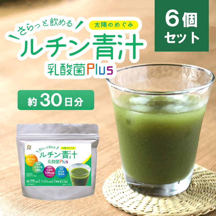 【6個セット】 ルチン 青汁 90g×6 飲むだけ ざるそば ルチン 国産 そばの葉 100% 乳酸菌 食物繊維 カルシウム 食生活 サポート たっぷり30日分! 水で溶くだけ 健康 にぼし 煮干し レタス 食生活 サポート 無着色 無添加 牛乳 デキストリン