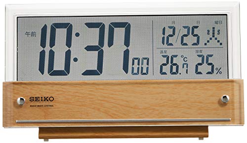 セイコークロック 置き時計 目覚まし時計 電波 デジタル カレンダー 温度湿度表示 シースルー液晶 薄茶木目模様 本体サイズ:10.7 送料　無料