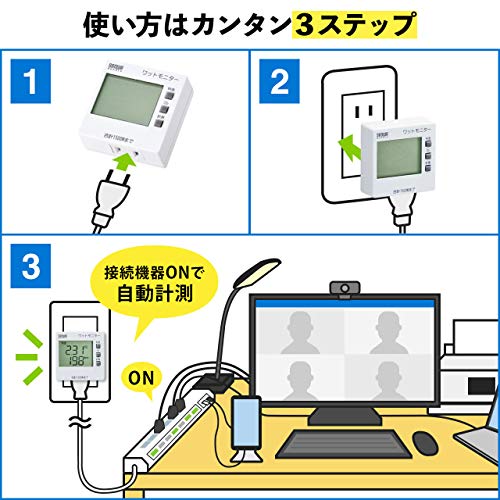 サンワサプライ ワットモニター 消費電力(W)・積算電力量(kWh)・積算時間(Hour)・積算電力料金(円)・CO2排出量(kg)測 送料　無料