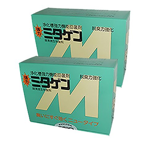 ・ 2個 (x 1) ・浄化槽機能回復剤消臭剤家庭用浄化槽の常備薬として。 ◆性状-褐色粉末 ◆包装-ダンボール箱入水溶性紙包（30g×6包） ◆菌数-50億個/g以上 特殊好気性菌 ◆用途-家庭用浄化槽用、強力機能回復剤 ◆特長 ・強力な機能回復剤で、全バッ気型・分離バッ気型・膜処理型・腐敗型の各浄化槽に使用出来ます。 ・浄化槽の悪臭除去と発生防止 ・1回の投入で放流水の水質向上、浄化機能の安定が図れます。 ・常に状態の悪い浄化槽に、定期的にミタゲンMを使用させますと、クレーム発生を抑制し、 スカムの除去、 返送等の　手のかかる維持管理作業が軽減され、浄化槽の機能も安定します。 ◆使用方法は簡単です。 ・ミタゲンMの包装は、水溶性の袋になっていますので、 袋のままで便器に投入が出来、臭いにすぐ効果を発揮します。 ◆【標準使用量】 ・通常の機能安定維持には 1包/月 ・腐敗蚊型には 2包/月 ・モーター故障等のアクシデント 1包/月 ・スカム発生防止、沈殿不良等　1~2包/月 ・極度に機能が低下している場合　3~5包 ・臭気が特に強いとき 2~3包 ・糖尿病、その他薬品混入汚水対策2~3包