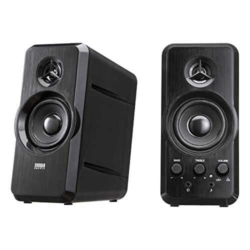 ・ブラック MM-SPL6BKN・実用最大出力20Wのハイパワーと奥行きのあるハウジングで広がりのある音を再現できる2chマルチメディアスピーカーです。・高音再生専用のツィーターを搭載し、可聴帯域から超高音帯域まで質感高い高品位サウンドを鮮やかに再現します。・深みのある低音域から自然で安定した中音域を再生する2.5インチのウーファーユニットを搭載しています。・操作性の高い大型スイッチ類を採用しており、BASS（低音）、TREBLE（高音）、ボリュームの調整が可能で、視聴環境や音源により細かく調整ができます。・右スピーカーの前面に外部入力（AUX）ジャックを搭載し、メイン音声はパソコン側に接続したまま、スマートフォンやMP3プレーヤーを接続し手軽に出力することができます。説明 ●実用最大出力20Wのハイパワーと奥行きのあるハウジングで広がりのある音を再現できる2chマルチメディアスピーカーです。 ●高音再生専用のツィーターを搭載し、可聴帯域から超高音帯域まで質感高い高品位サウンドを鮮やかに再現します。 ●深みのある低音域から自然で安定した中音域を再生する2.5インチのウーファーユニットを搭載しています。 ●操作性の高い大型スイッチ類を採用しており、BASS（低音）、TREBLE（高音）、ボリュームの調整が可能で、視聴環境や音源により細かく調整ができます。 ●右スピーカーの前面に外部入力（AUX）ジャックを搭載し、メイン音声はパソコン側に接続したまま、スマートフォンやMP3プレーヤーを接続し手軽に出力することができます。 ●デスク上から人の耳へ素直に音を届けるため、スピーカーユニットの角度がやや上向き加減になるよう設計しており、小さな音量でもはっきりと明確に聞き取ることができます。 ●深夜や周りに気を使う環境にも便利なヘッドホンジャックを搭載しています。 ●重厚感とスタイリッシュな雰囲気を出すヘアライン加工を施したアルミ製パネルを使用しています。 ●左右のスピーカー間はRCAピンジャックケーブルのセパレート式になっており、市販のRCAピンジャック延長ケーブルで延長することが可能です。 ●アンプ内蔵でヘッドホンステレオの出力端子やパソコンの音声端子につなぐだけで音楽を楽しめます。 ●電源内蔵なのでコンセント周りをすっきりと配線できます。 ■カラー：ブラック ■実用最大出力：20W（10W+10W） ■周波数特性：20~100000Hz ■スピーカー形式：バスレフ式フルレンジ スピーカシステム ■スピーカーサイズ：2.5インチ（直径約63.5mm） ■ツィーターサイズ：1.0インチ（直径約25.4mm） ■インピーダンス：4Ω ■入力端子：ステレオミニプラグ（3.5mm） ■外部出力：ヘッドホンジャック（3.5mm） ■電源：内蔵 ■サイズ：W90×D159×H191mm ■重量：1420g（本体のみ） ■ケーブル長： スピーカー間ケーブル/約1.5m（RCAピンジャック含む） パソコン接続ケーブル/約 1.5m（3.5mm プラグ含む） 電源コード/約 1.5m ■付属品：取扱説明書（）