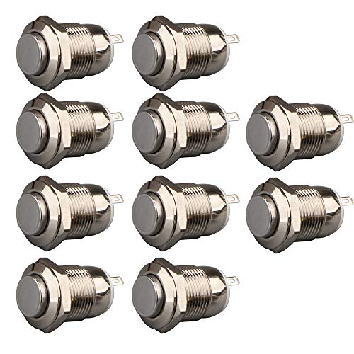 10個セット2A 12V/24V/125V/250V トモーメンタリ防水 押しボタン高い頭 シルバーステンレススチールし..