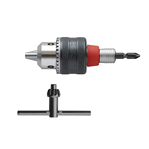 ビット交換式・ キー付1.5~13mm AKL280E・・Size:キー付1.5~13mmStyle:ビット交換式・セット内容:ドリルチャック本体、両頭+2×55ドライバービット軸、チャックキー・チャック部軸径範囲:1.5~13mm説明 ●電動ドライバーをドリルドライバーに変換できる ●丸軸シャンクが掴める ●ドリルでの穴あけや軸付砥石での研磨作業が可能になります ●開閉はキーを使用 ●シャンクは軸が折れても交換可能なビット交換式 ●セット内容:本体、チャックハンドル、片頭ビット+2x53 ●チャック部軸径範囲:1.5~13mm ●全長:117mm ●シャンク軸径:対辺6.35mm六角軸 ●本体幅:42mm ●シャンク部対応サイズ:対辺6.35mm六角軸、全長53mm以上 ●包装:台紙・ブリスターパック