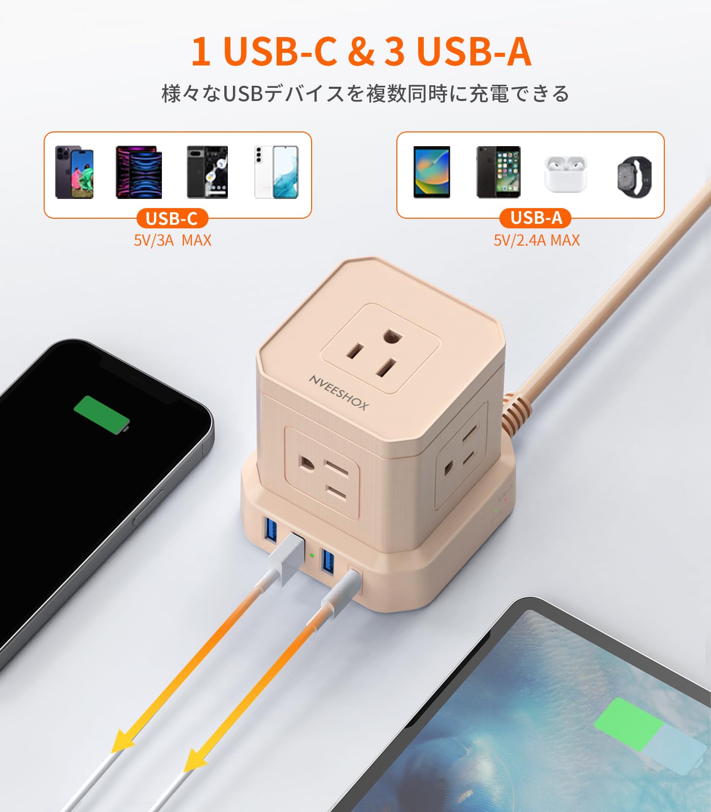 電源タップ ypeC付き 延長コード 2M ミニキューブ型 コンセント usb付 雷ガード 5個AC口 4個Bポート たこ足配線 テーブルタッ