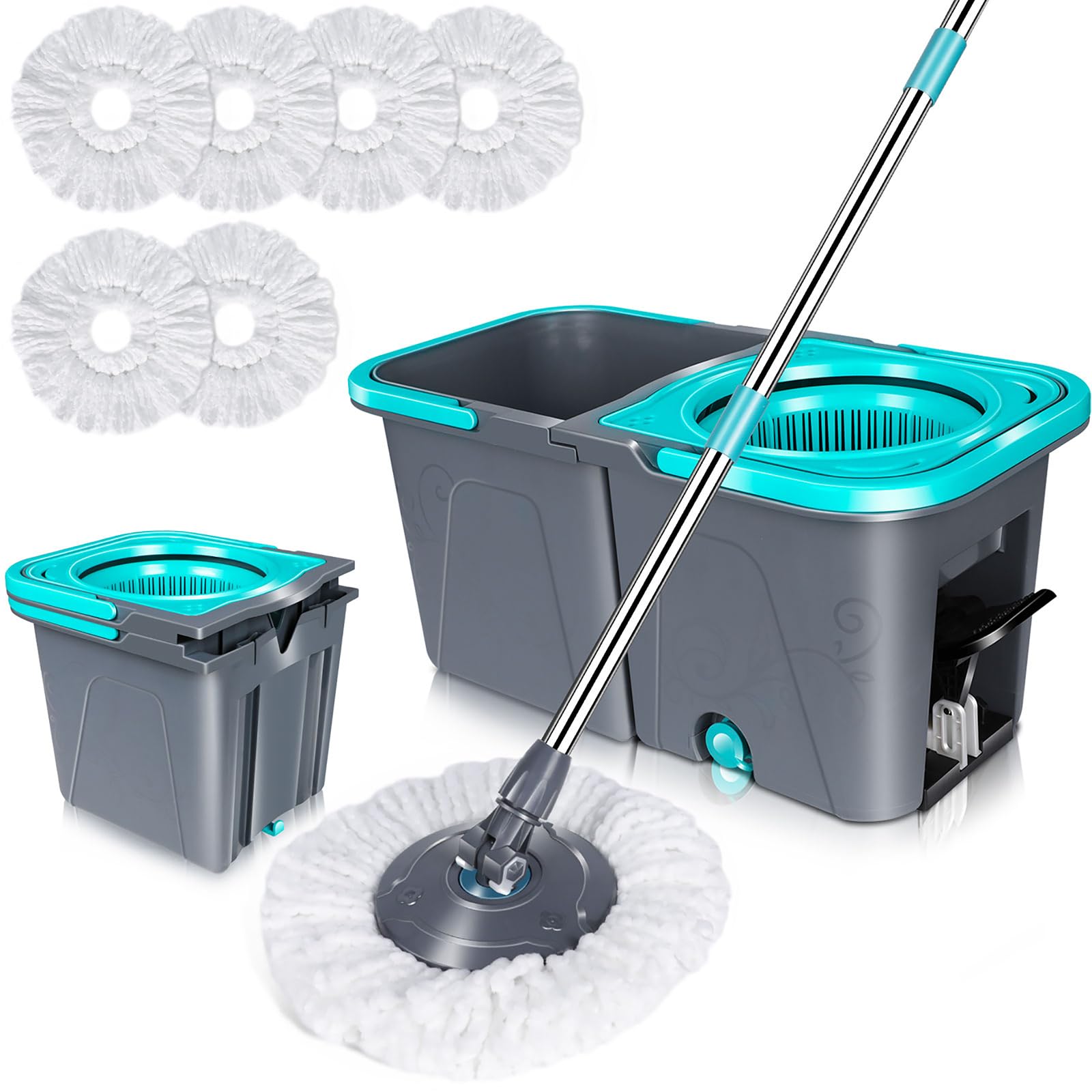 回転モップ モップ 拭き掃除 フロアモップ 着脱式モップ 交換用モップヘッド4枚付き 乾湿両用 取り外し可能なモップバケツ 収納簡単 洗浄脱水