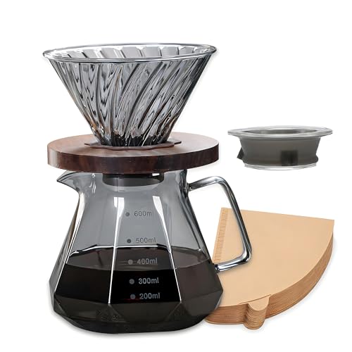 ESVLB コーヒーサーバー 耐熱ガラス 木製ホルダー コーヒードリッパー 600ml 目盛付き ~4人用 コーヒー ドリップ 器具 電子レンジ