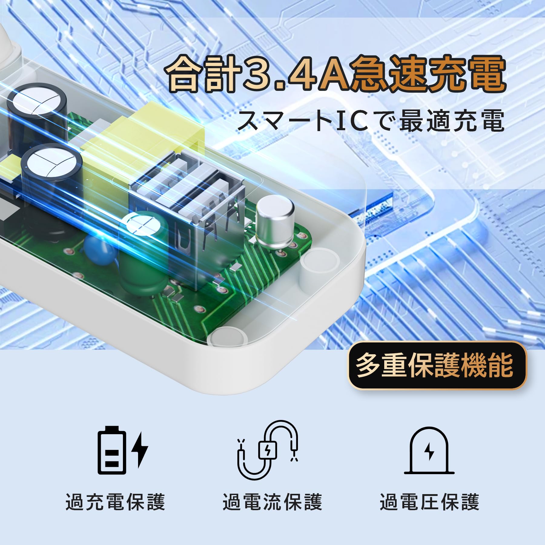 B 3.4A 付きタップ ホワイト 電源タップ 雷ガード 省エネ 個別スイッチ 4+AC差し込み口 +Bポート 5m