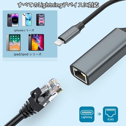 MFi認証取得ningR45 イーサネット変換アダプタ、30100/Mbps 高速安定伝送、iPhone 有線 LAN コネクタ iPad/iP