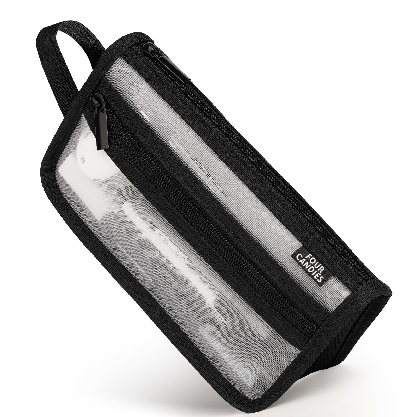 Four Candies ペンケース 筆箱 透明 メッシュポーチ 大容量 ハンドルとジッパー付き クリアダブルレイヤー筆箱 マーカーポーチ 旅行