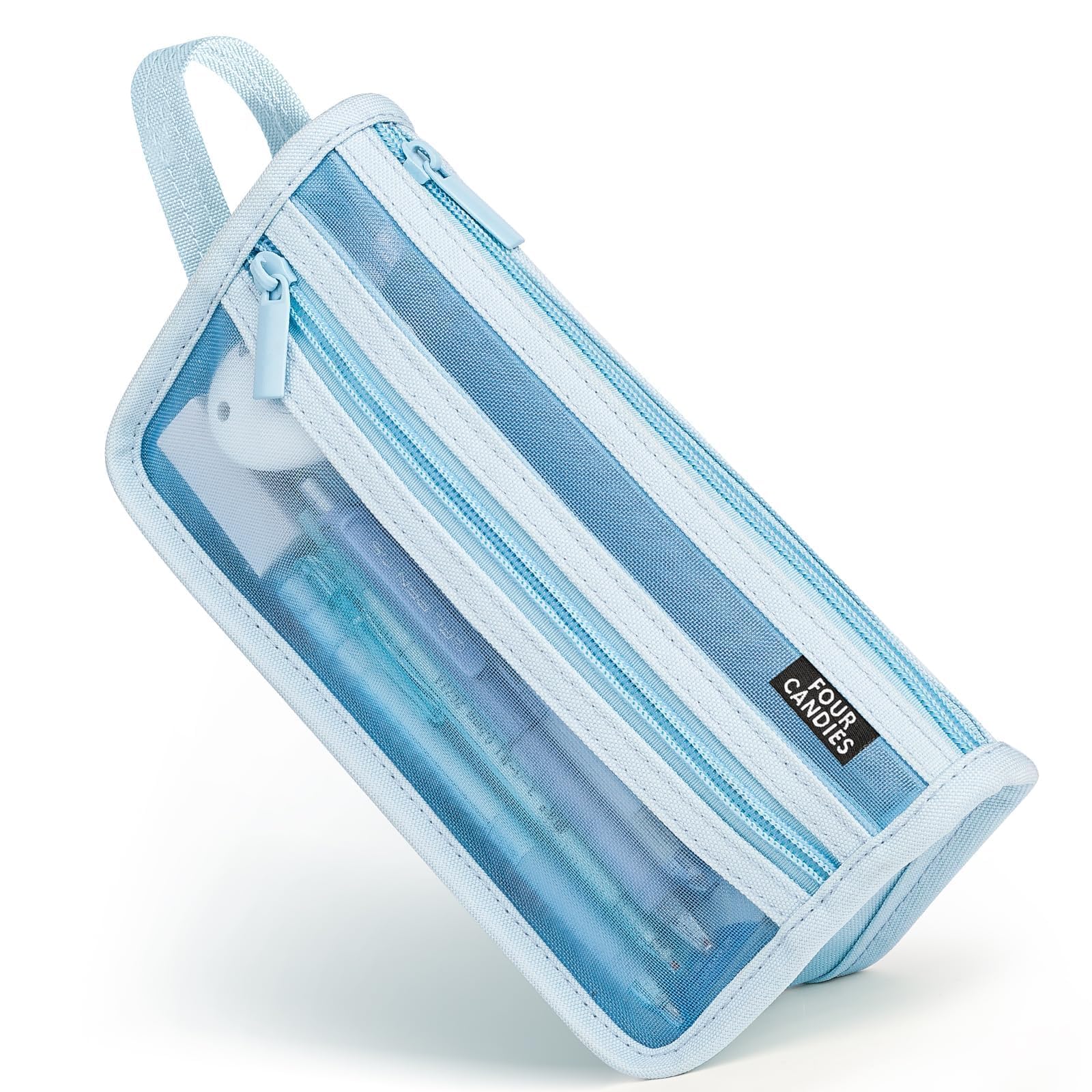 Four Candies ペンケース 筆箱 透明 メッシュポーチ 大容量 ハンドルとジッパー付き クリアダブルレイヤー筆箱 マーカーポーチ 旅行