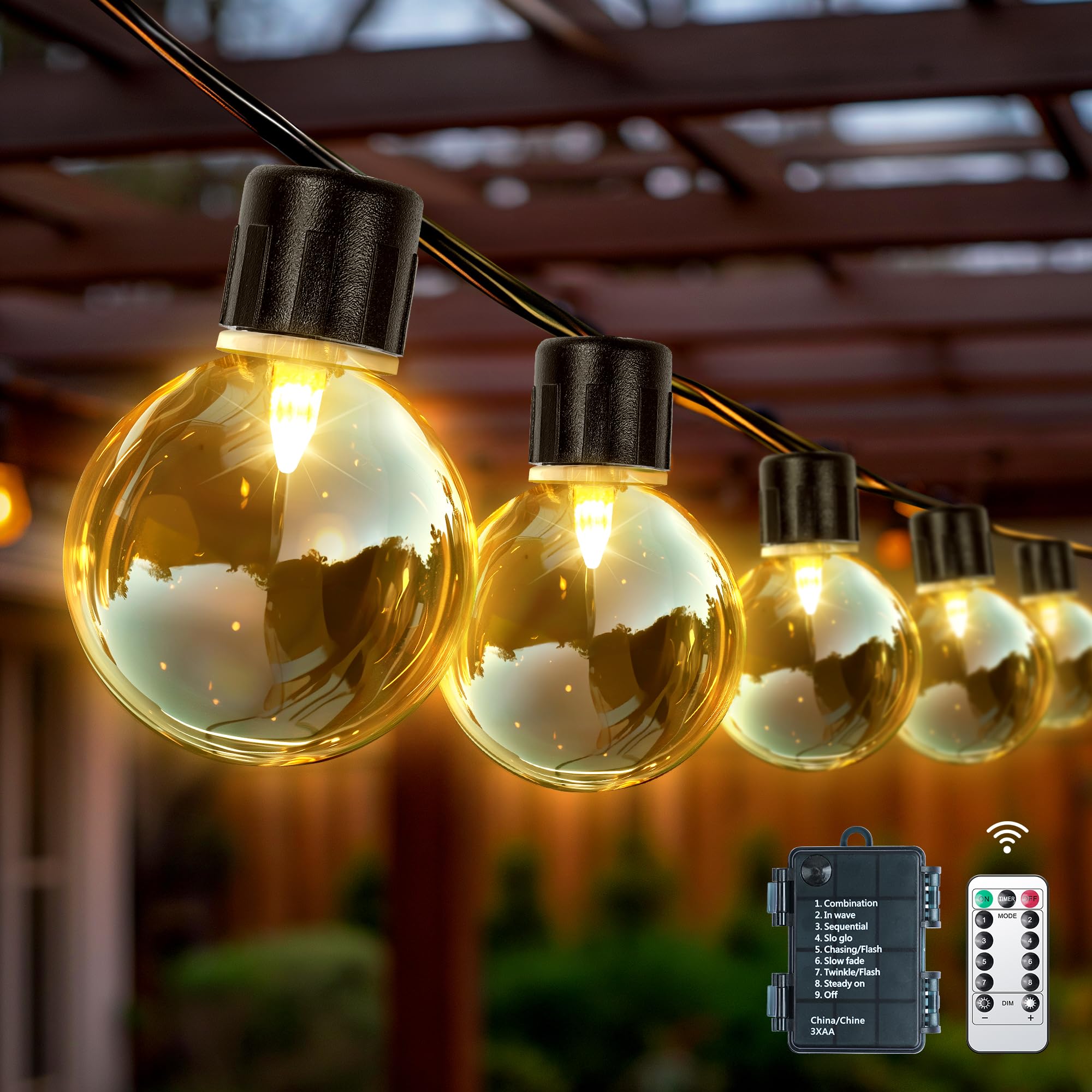 ストリングライト 防雨型 9M イルミネーション 電池式 0個ED電球 G40 電球色 素材 破損しにくい 8種点灯モード 付き 調光可能 タイ
