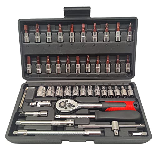 乐天商城 - ソケットレンチセット 46点組 ラチェットレンチ 差込角6.35mm1/4 六角ソケット クイックリリースラチェットハンドル 車載工具 ケース付