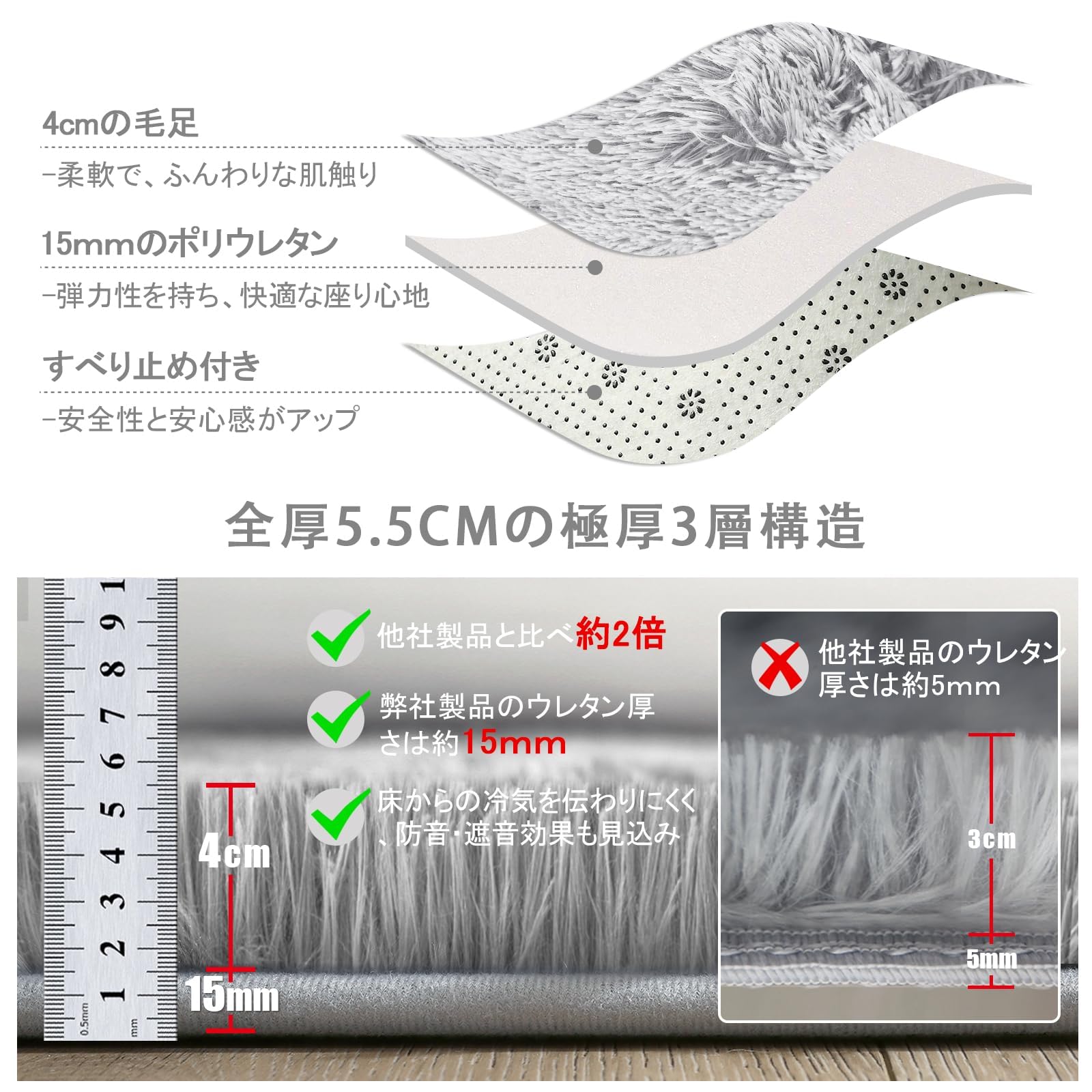 カーペット 洗えるラグ 約6畳ラグマット 北欧風シャギーラグ ふわっとした手触り 防音絨毯 厚手じゅうたん ホットカーペット対応 滑り止め付き [3]